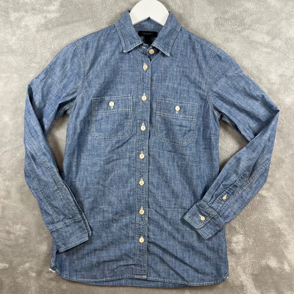 J.Crew Womens Chambray Button Down Shirt Size 00‎ Long Sleeve Blue Denim Casual
